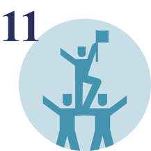 Number 11 and a picture of three human figures balancing on top of each other Number 11 and a picture of three human figures balancing on top of each other