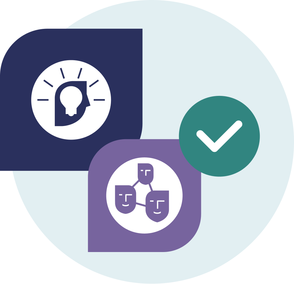 Illustration with faces, logo, and a green checkmark Illustration with faces, logo, and a green checkmark