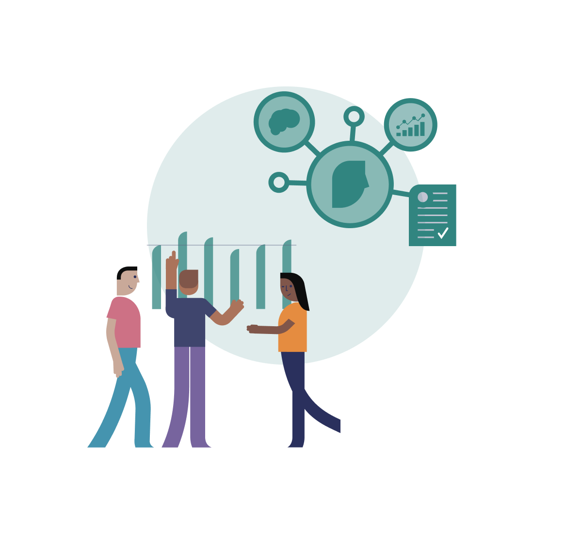 People with a bar chart and illustration of a brain, head, and form People with a bar chart and illustration of a brain, head, and form
